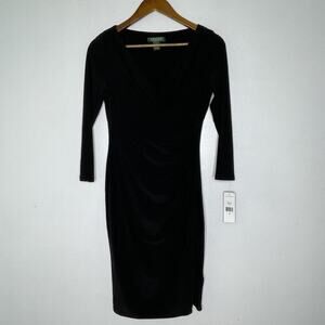 Ralph Lauren Dress Womens 4 Black Cocktail Essentials Ruched Surplice Sheath NEW